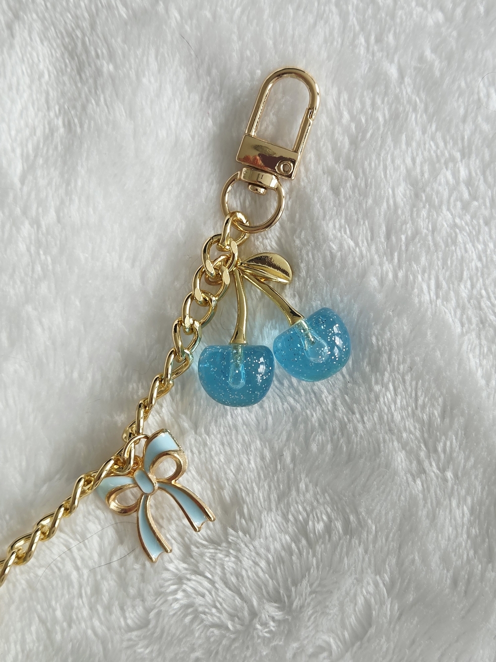 Blue Bow And Cherry Bag Chain with Blue Shimmer Cherries - Picture 5 of 10